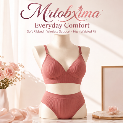 Mrtobxima™ Women’s Ribbed Wireless Bralette Set, Soft Stretch Lounge Bra and High-Waisted Brief, Everyday Comfort Lingerie