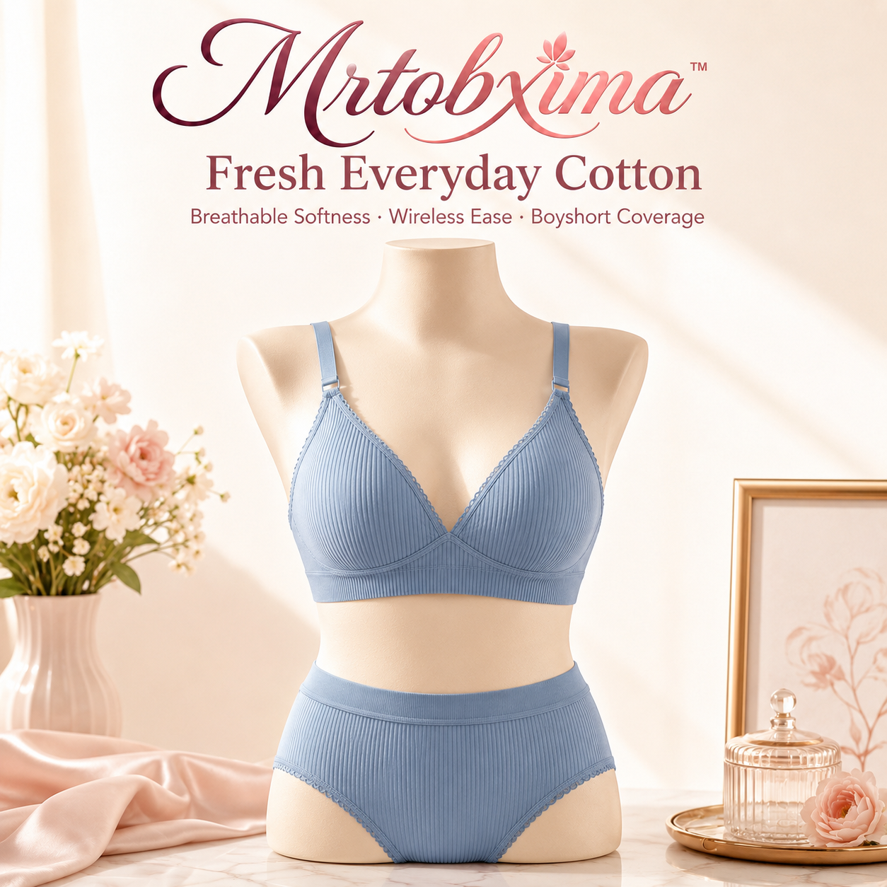Mrtobxima™ Women’s Cotton Triangle Bralette and Boyshort Set, Breathable Wireless Lounge Bra, Casual Everyday Lingerie