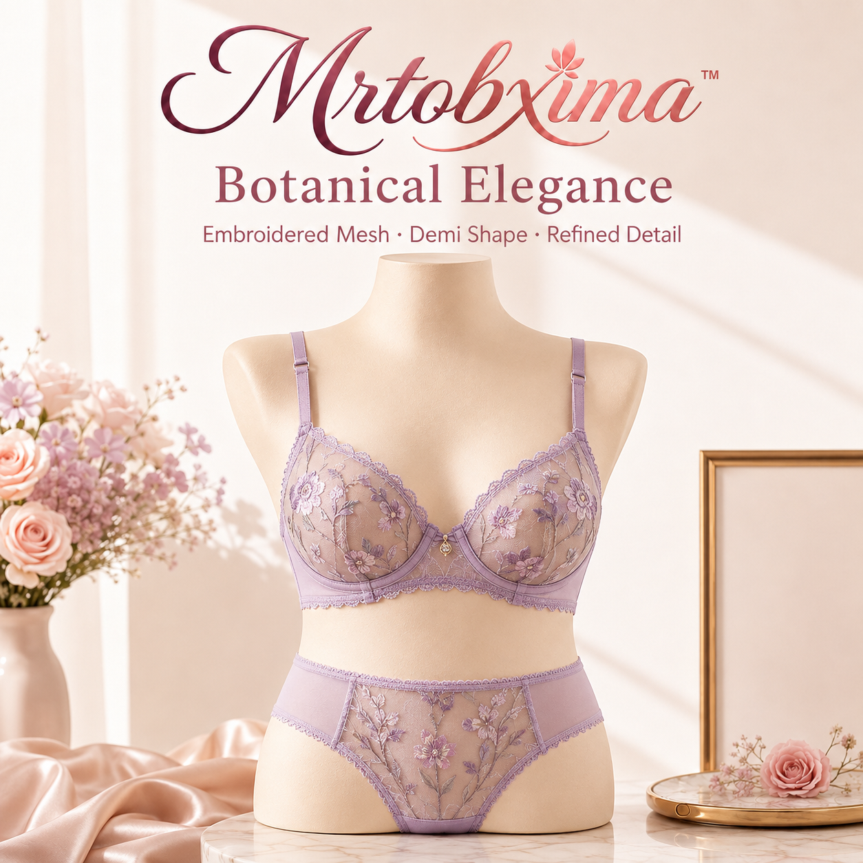 Mrtobxima™ Botanical Embroidered Mesh Demi Bra Set, Women’s Underwire Lingerie and Matching Brief, Floral Sheer Underwear