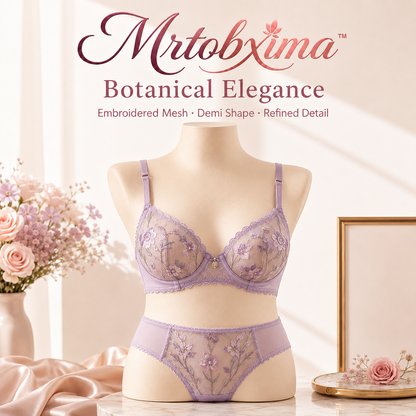 Mrtobxima™ Botanical Embroidered Mesh Demi Bra Set, Women’s Underwire Lingerie and Matching Brief, Floral Sheer Underwear