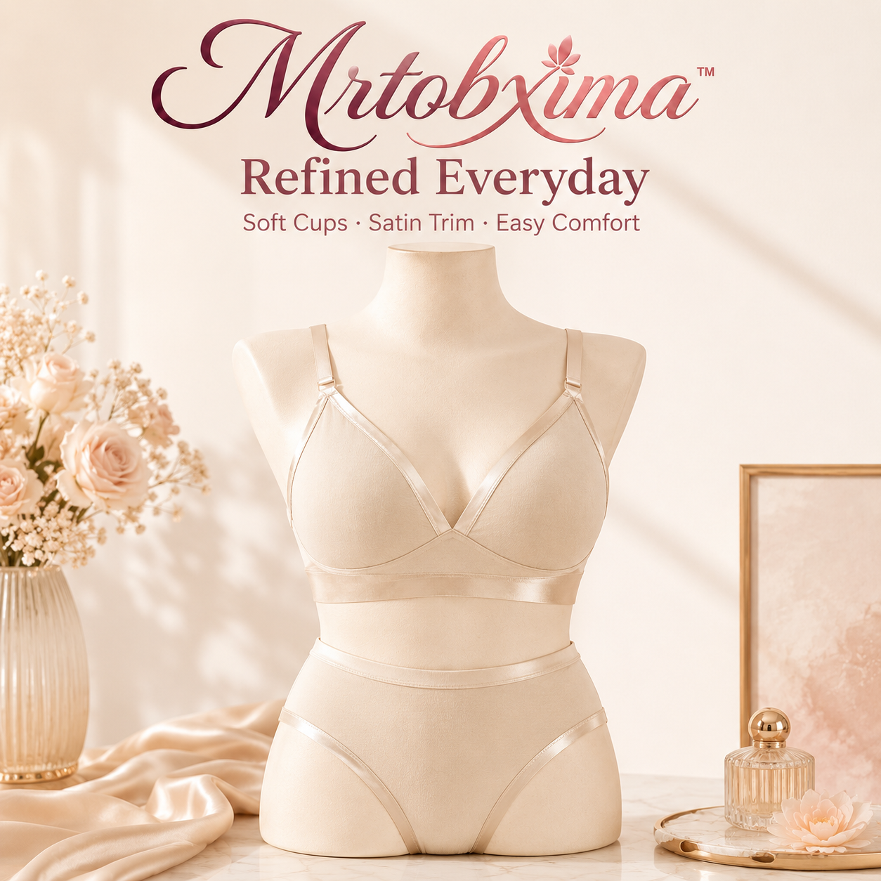 Mrtobxima™ Satin-Trim Wireless Bra and Classic Brief Set, Soft Cup Women’s Lingerie, Elegant Everyday Matching Underwear