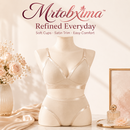 Mrtobxima™ Satin-Trim Wireless Bra and Classic Brief Set, Soft Cup Women’s Lingerie, Elegant Everyday Matching Underwear