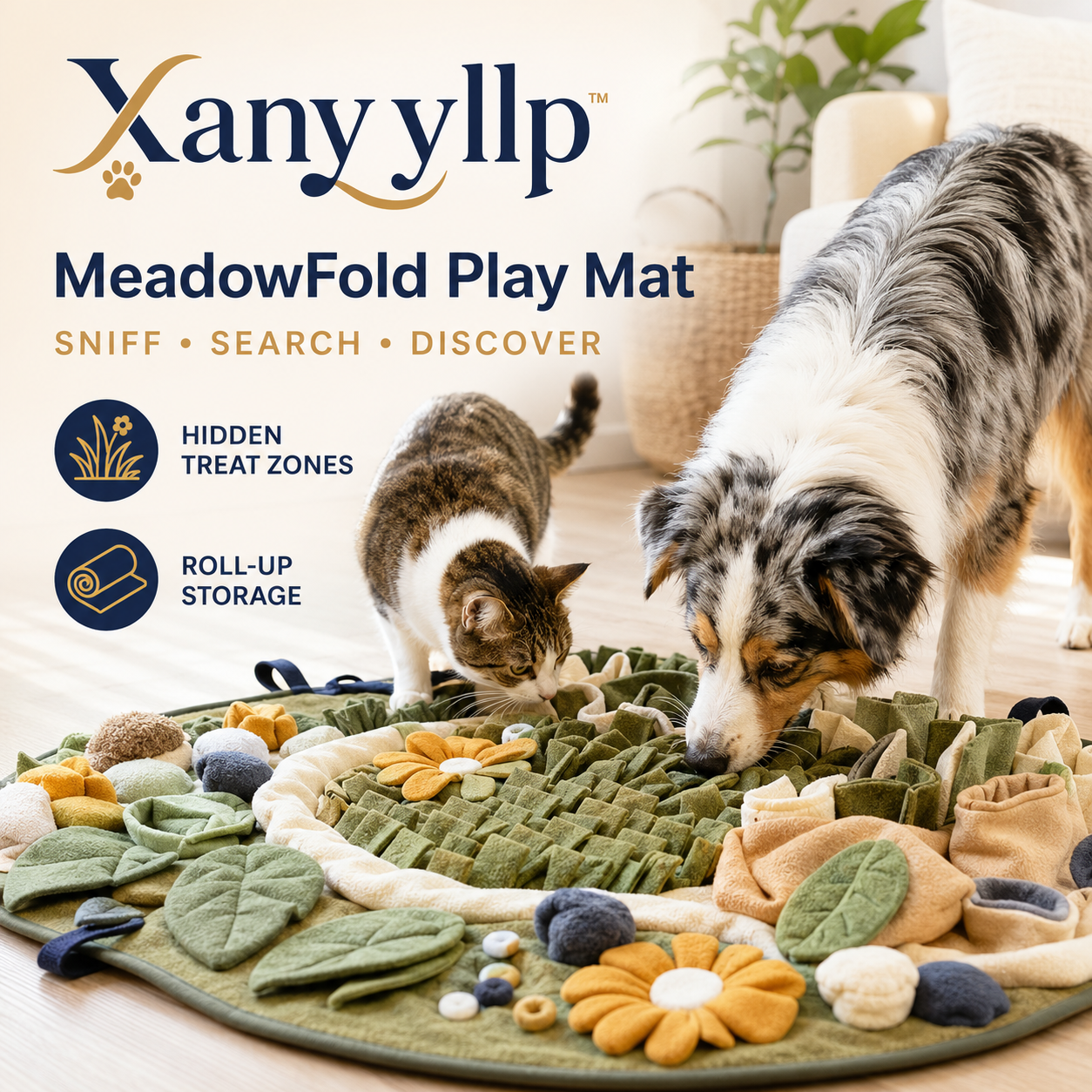 Xanyyllp™ MeadowFold Snuffle & Hideaway Play Mat – Dog & Cat Foraging Enrichment Toy
